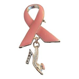 Vintage Breast Caner Ribbon w/Dangle Shoe Silver Tone Brooch Pin Payless